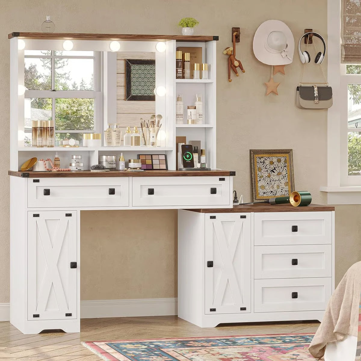 56.5" Makeup Vanity Desk with Hollywood LED Mirror, 5 Drawers, 2 Cabinets, Open Shelves and Charging Station-OUCH CART | Dressing table