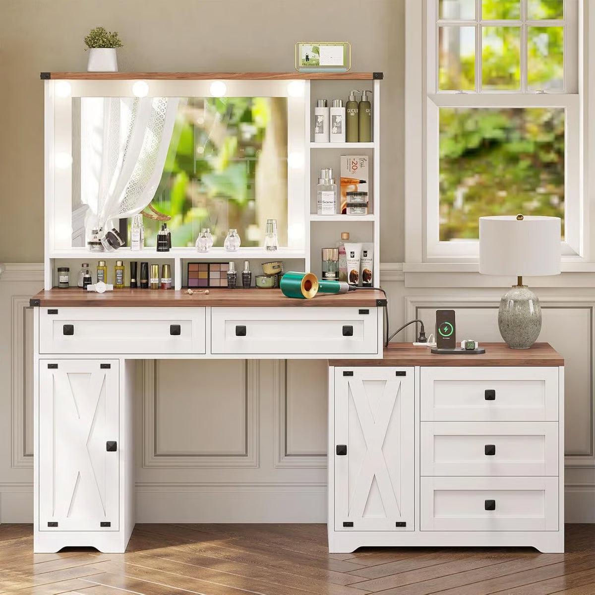 56.5" Makeup Vanity Desk with Hollywood LED Mirror, 5 Drawers, 2 Cabinets, Open Shelves and Charging Station-OUCH CART | Dressing table