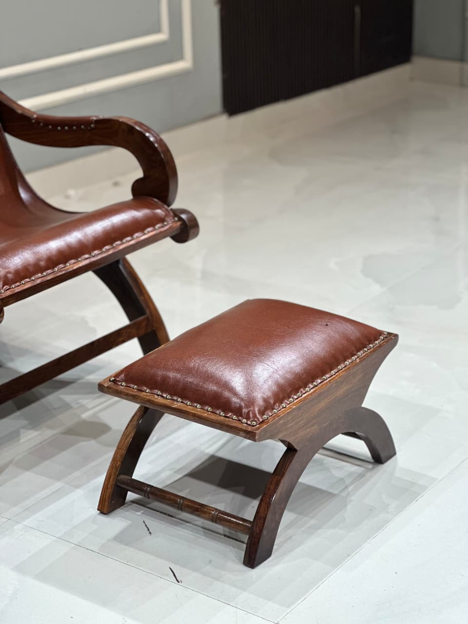 Teak Wood Armchair Lounge Chair with Ottoman