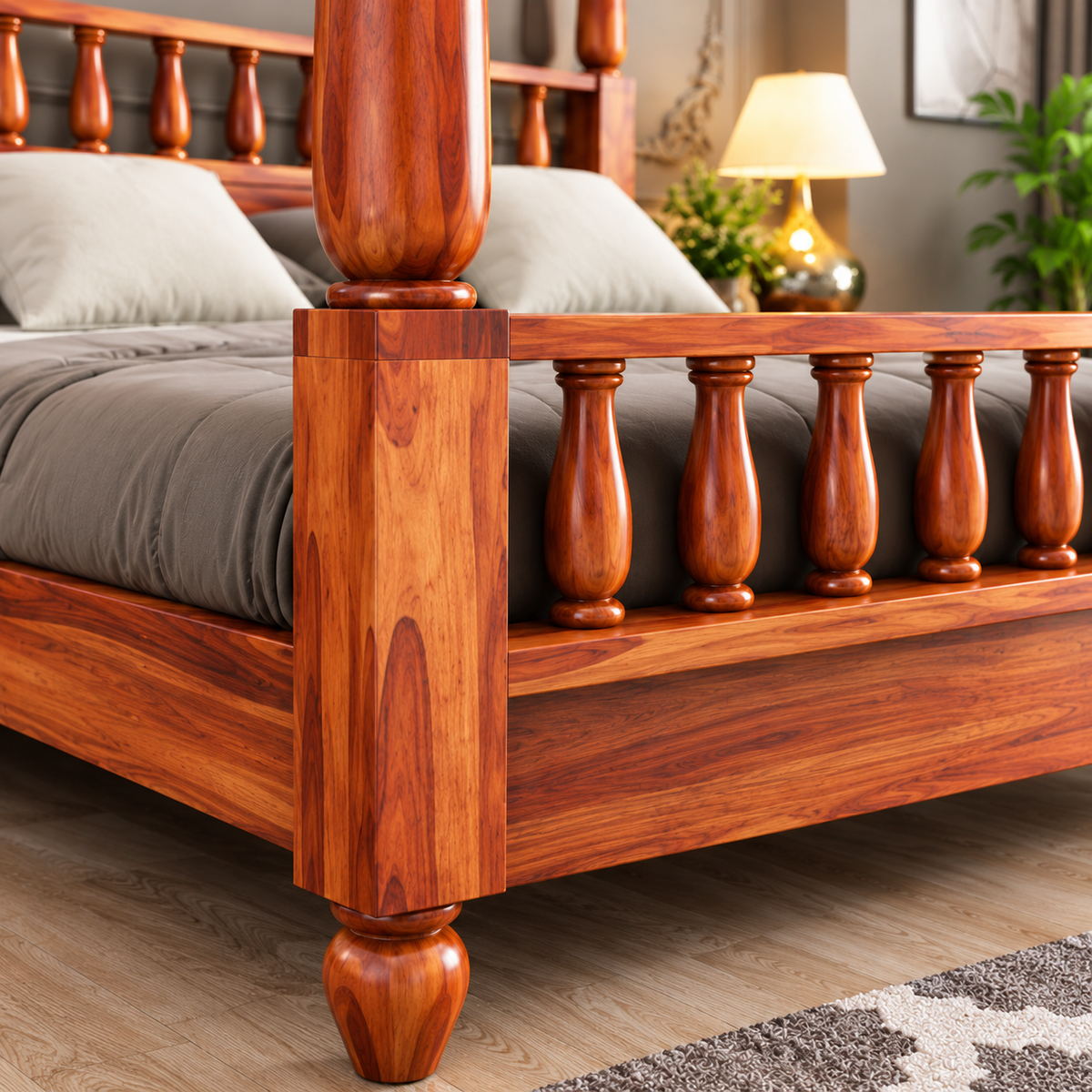 Wooden Four Poster Canopy Bed with Spindle Headboard and Footboard | Luxury Solid Wood Bed Frame for Bedroom