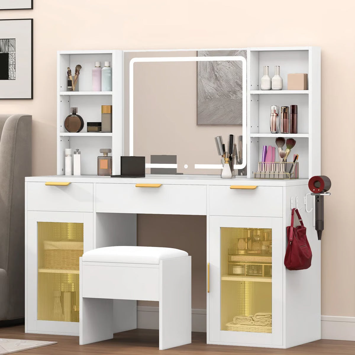 56" Makeup Vanity with LED Mirror – RGB Glass Storage Cabinets & Dressing Table