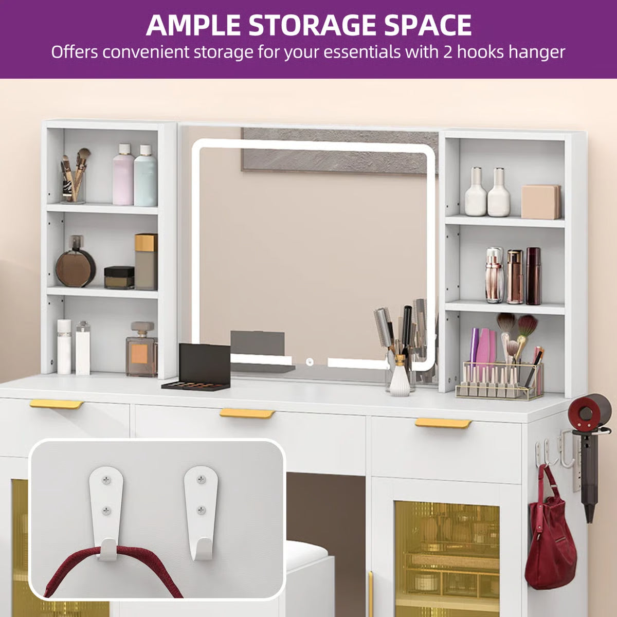 56" Makeup Vanity with LED Mirror – RGB Glass Storage Cabinets & Dressing Table