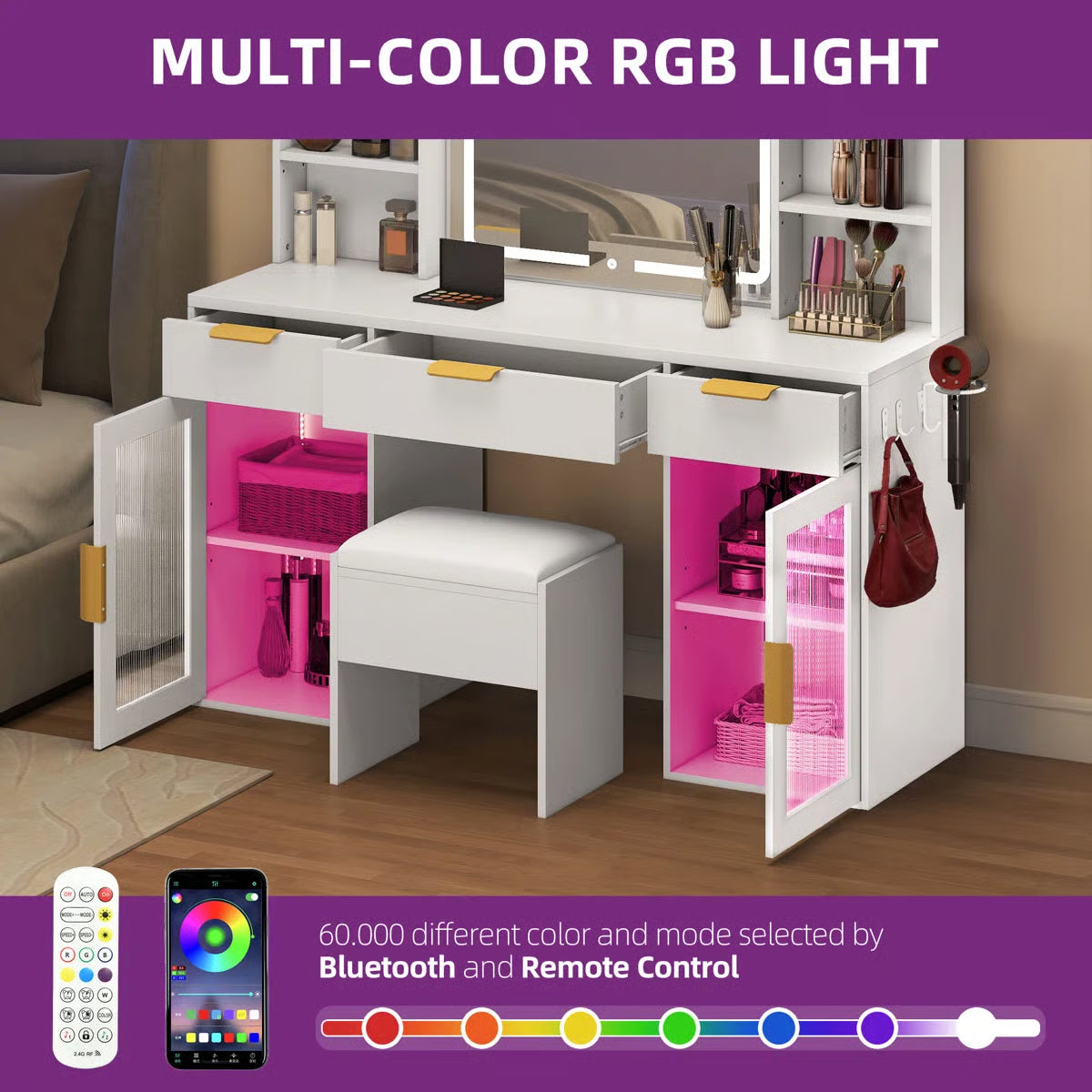 56" Makeup Vanity with LED Mirror – RGB Glass Storage Cabinets & Dressing Table