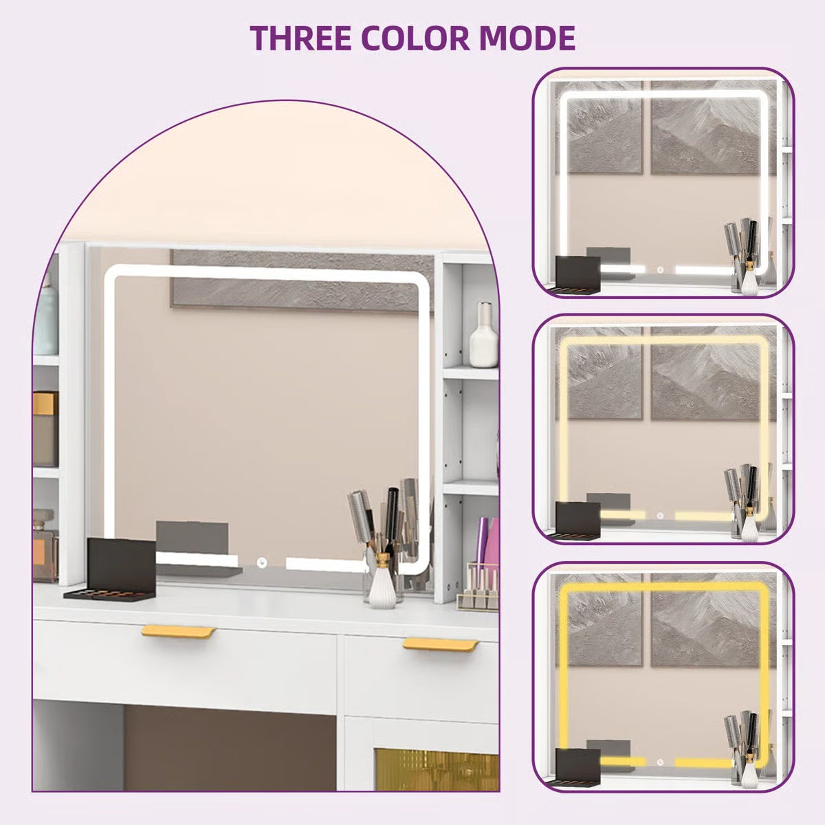 56" Makeup Vanity with LED Mirror – RGB Glass Storage Cabinets & Dressing Table
