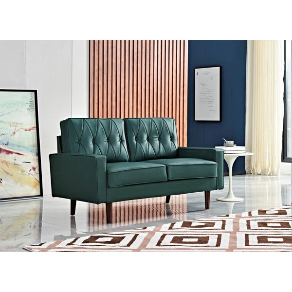 Mid-Century Faux Leather Sofa – Button Tufted with Pecan Leg