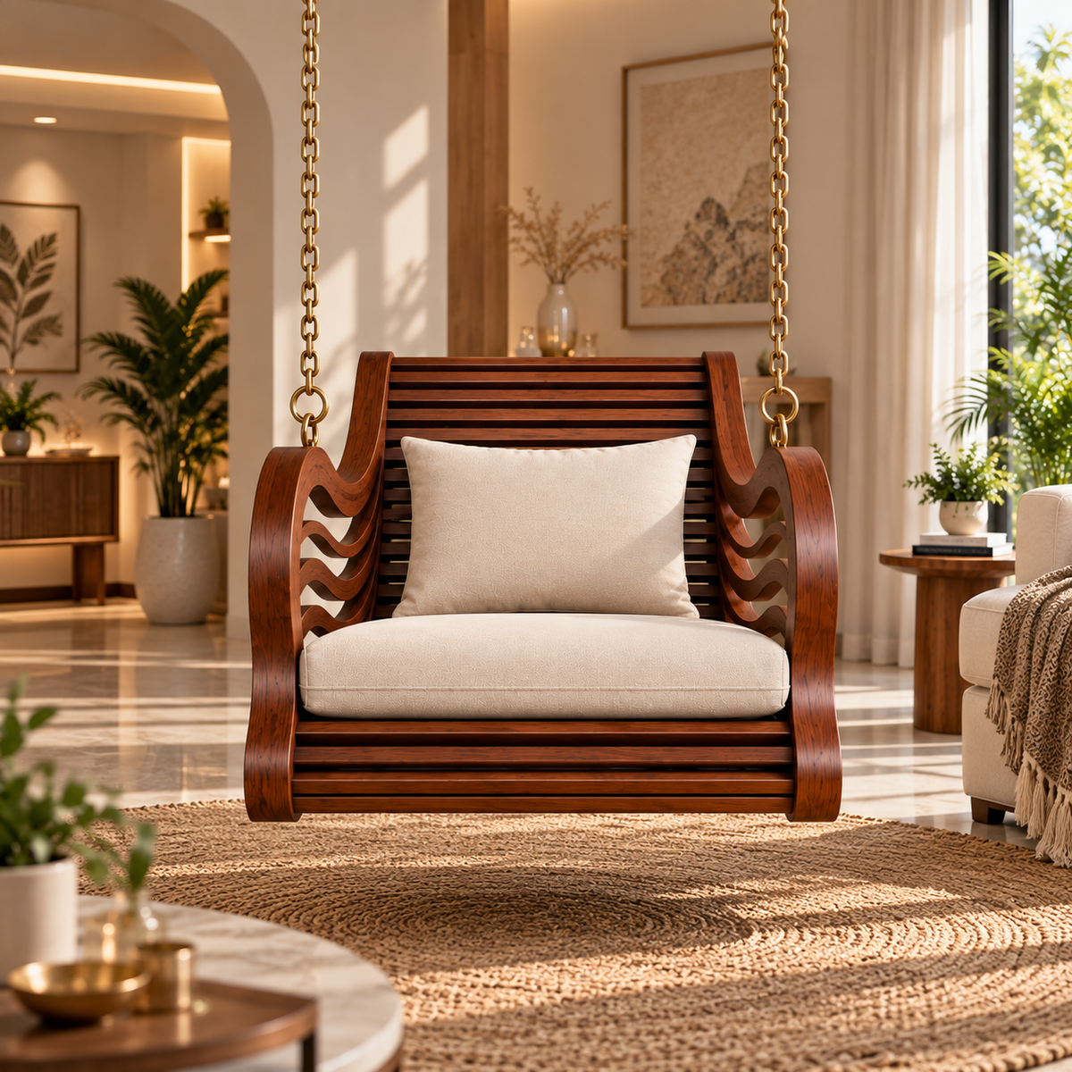 Premium Solid Wood Hanging Swing Chair with Cushion | Luxury Wooden Jhula for Living Room, Balcony & Indoor Spaces OUCH CART