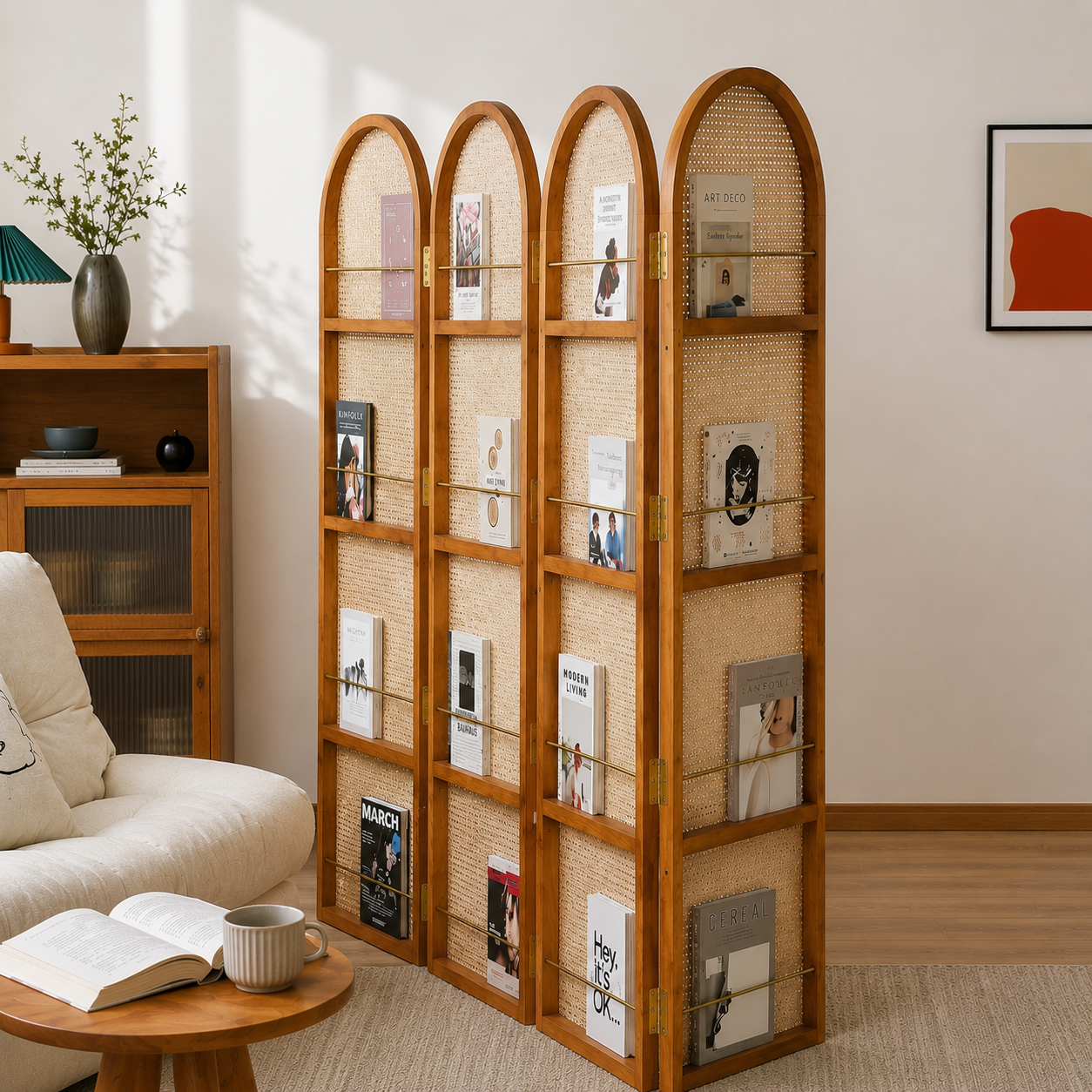 Ouch Cart 4 Panel Rattan Room Divider | Folding Woven Privacy Screen with Wooden Frame