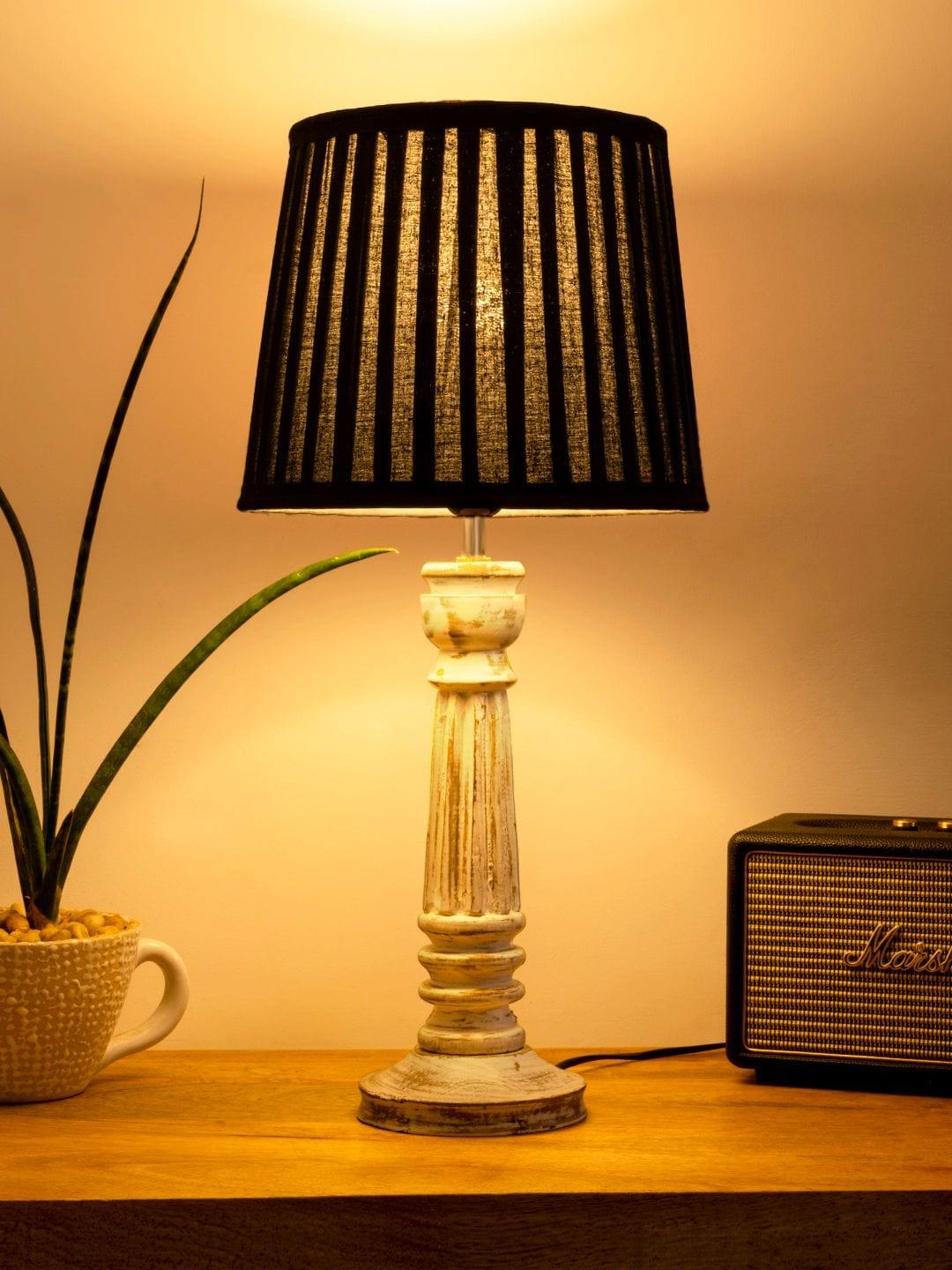 Wooden Pillar White lamp with pleeted Black Soft Shade - Ouch Cart