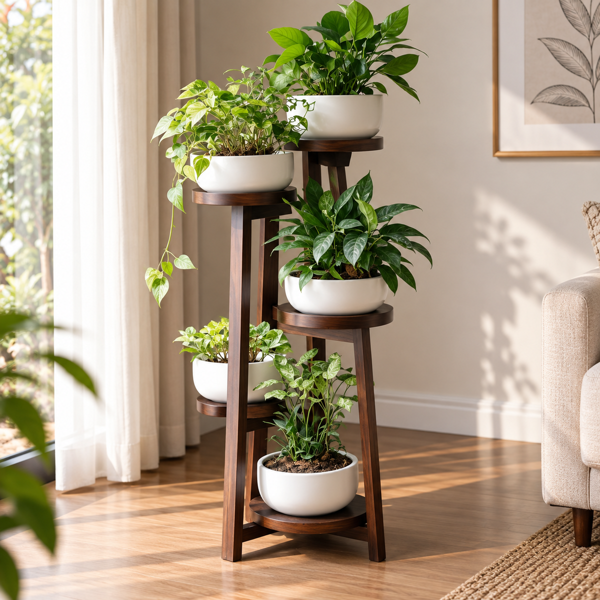 5 Tier Wooden Plant Stand for Indoor Plants | Solid Wood Multi-Level Plant Holder OUCH CART