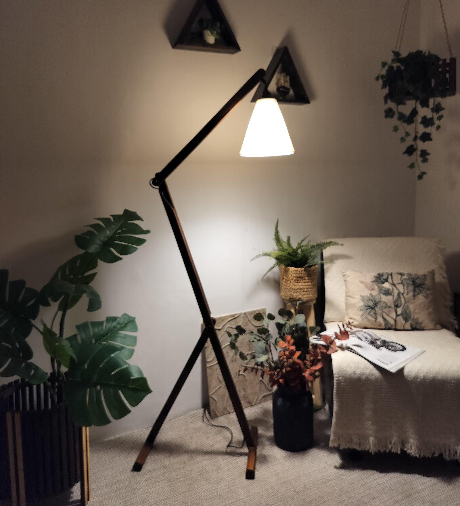 Benji Wooden Floor Lamp with Brown Base and Beige Fabric Lampshade (BULB NOT INCLUDED) - Ouch Cart