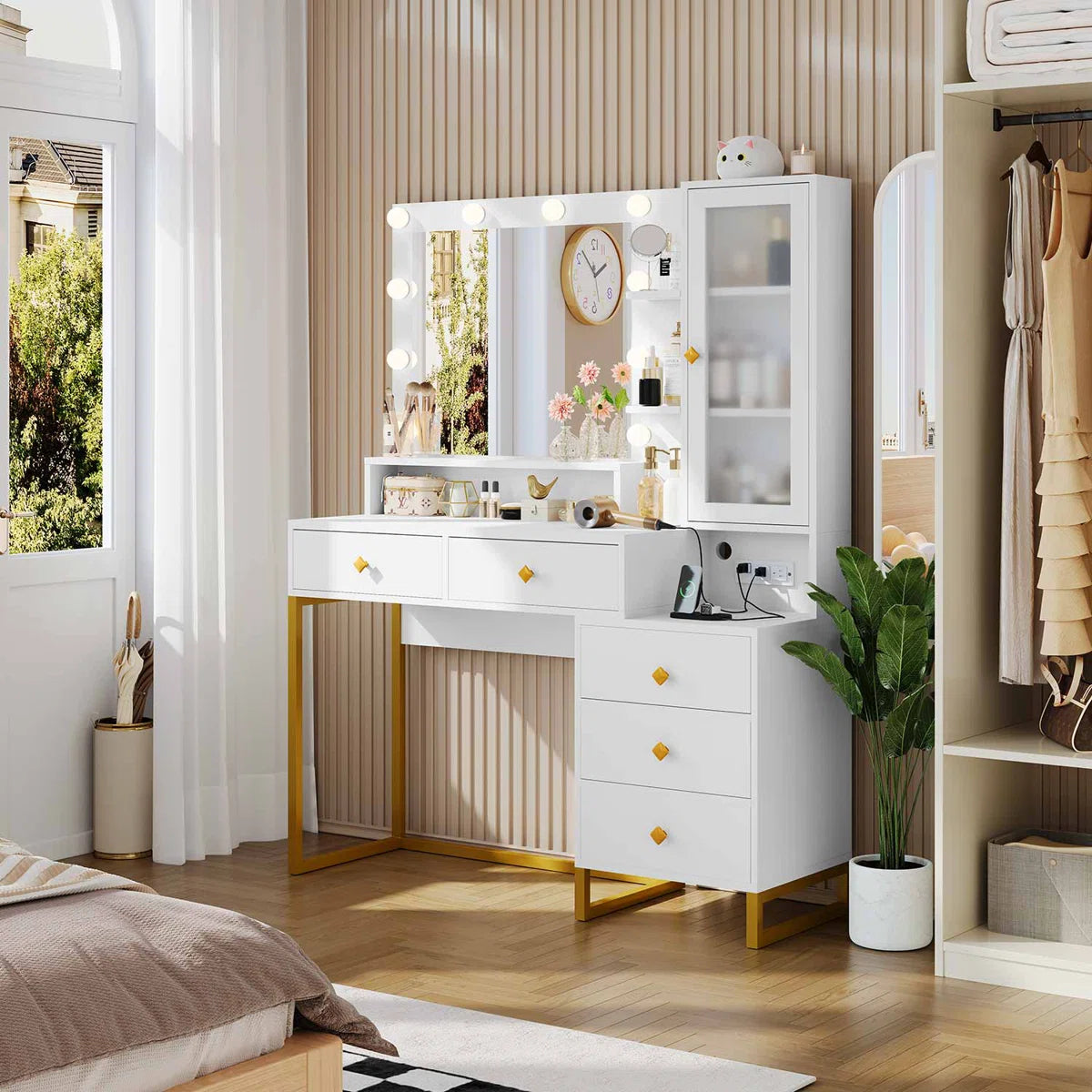 Stylish Dufault Vanity Table with Mirror and Bedroom Storage- Ouch Cart | Dressing table