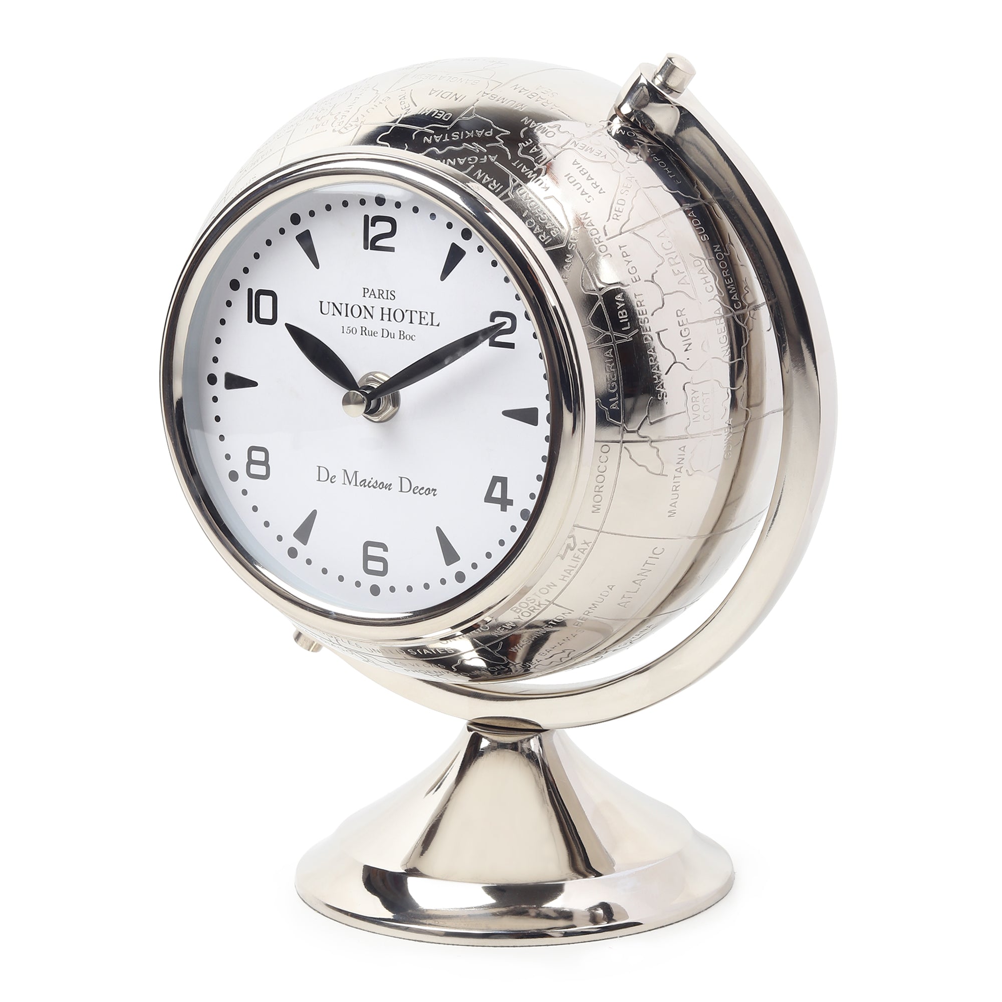 The Etched World Table Clock in Silver