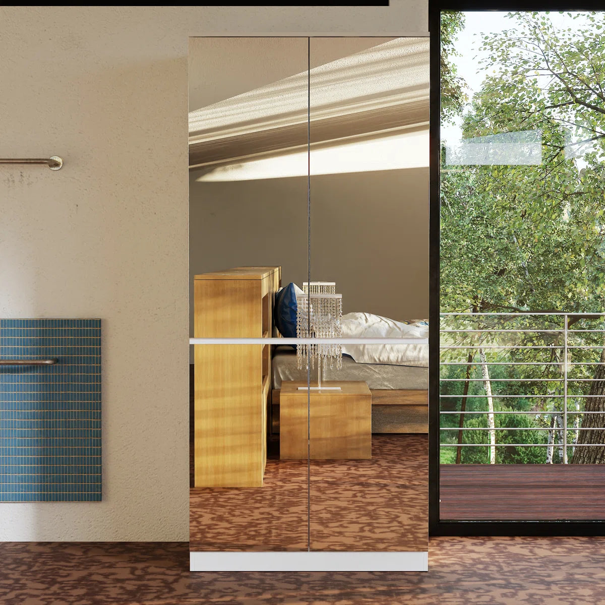 Shadrick Mirrored Wardrobe – Contemporary Storage Armoire for Bedroom-OUCH CART | Wardrobe