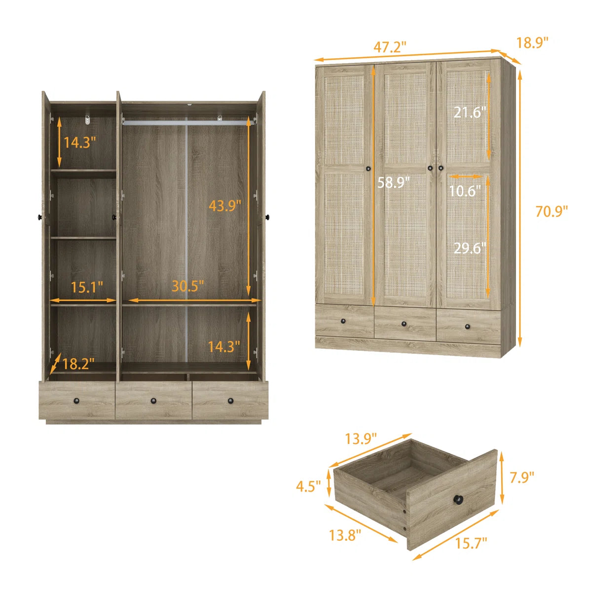 3-Door Wardrobe Modern Rattan Panels Bedroom Storage Drawers Adjustable Shelving-OUCH CART | Wardrobe