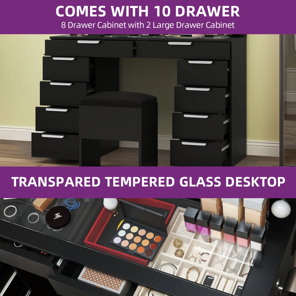 LED Makeup Vanity Desk with 3 Brightness Levels for Bedroom or Dressing Room-OUCH CART | Dressing table