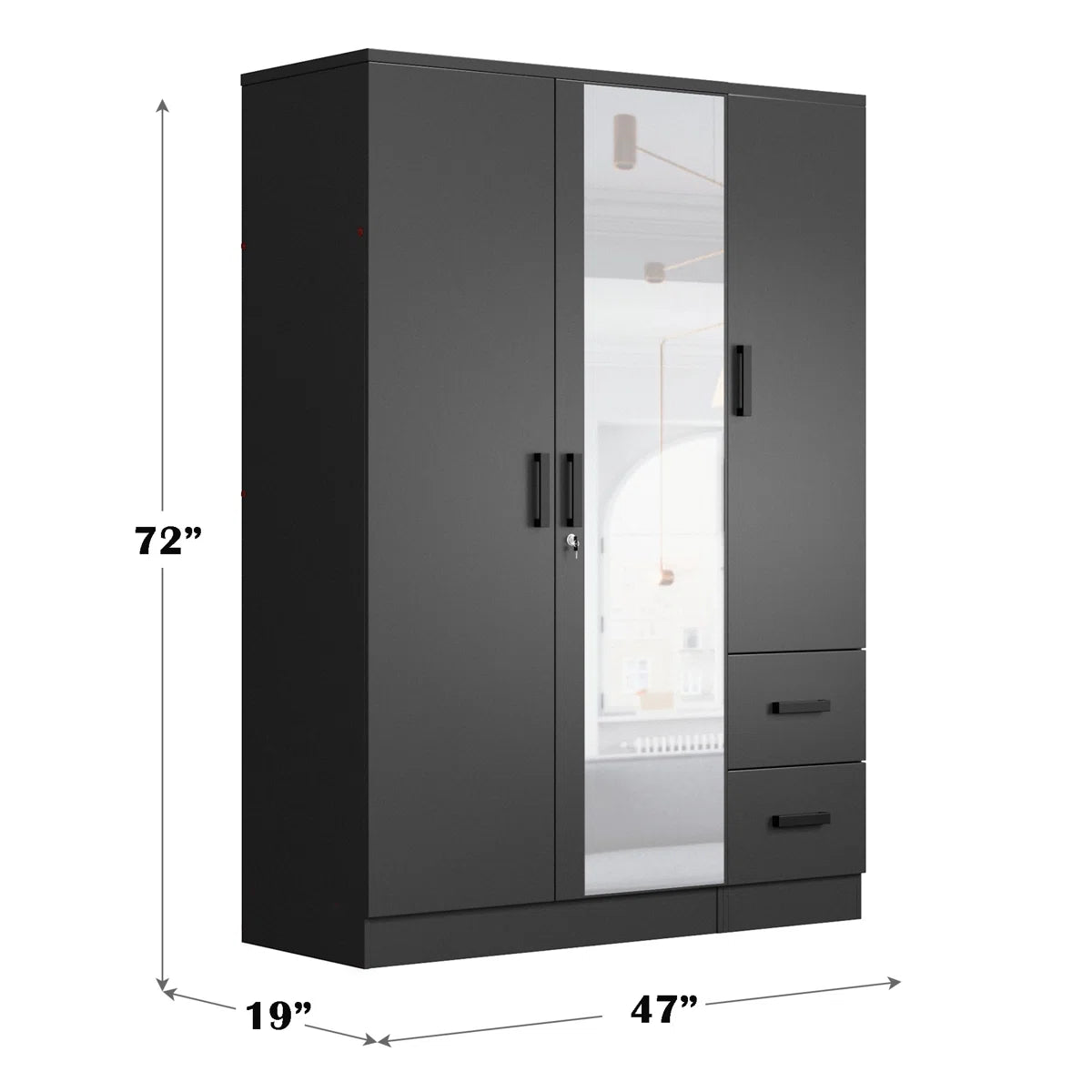 Elegant Wooden 3-Door Wardrobe Armoire with 2 Drawers and Mirror