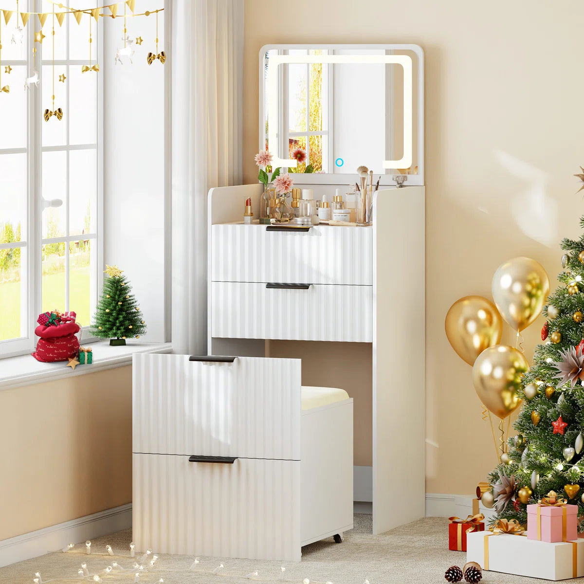 Space-Saving Vanity Desk with Flip-Up LED Mirror, Glass Drawer Storage, and Hidden Stool