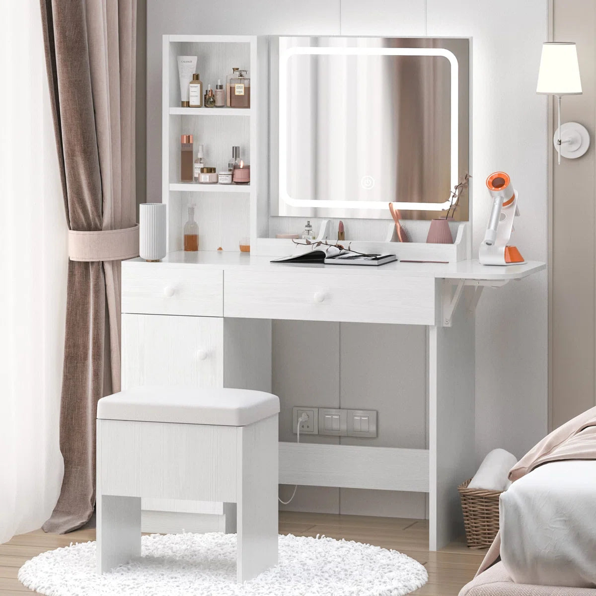 Vanity Desk with LED Lighted Mirror, Power Outlet, 2 Drawers, 3 Cubbies & Bookcase Storage for Bedroom
