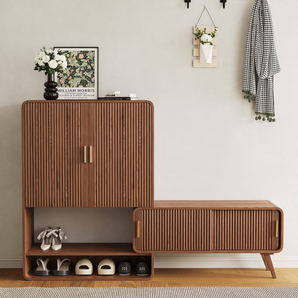 Modern Wooden Shoe Storage Cabinet with Bench | Entryway Shoe Organizer with Closed Cabinet & Open Shelf