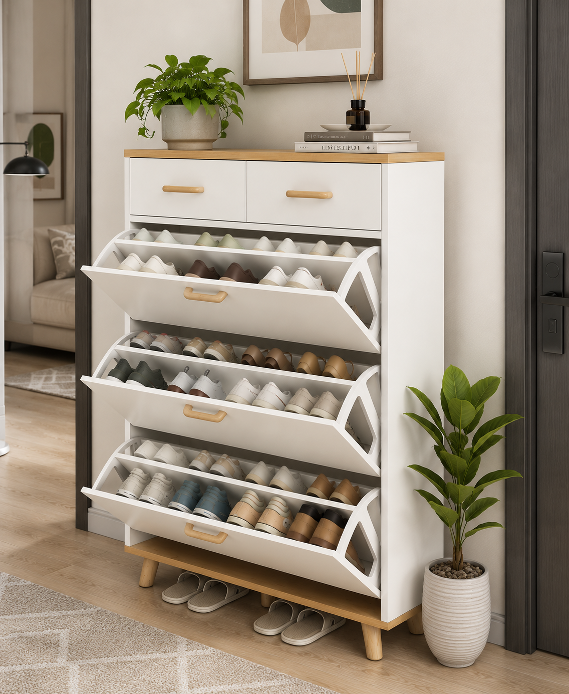 Modern Wooden Shoe Cabinet with Flip Drawers | Space-Saving Entryway Shoe Storage Organizer | Ouch Cart