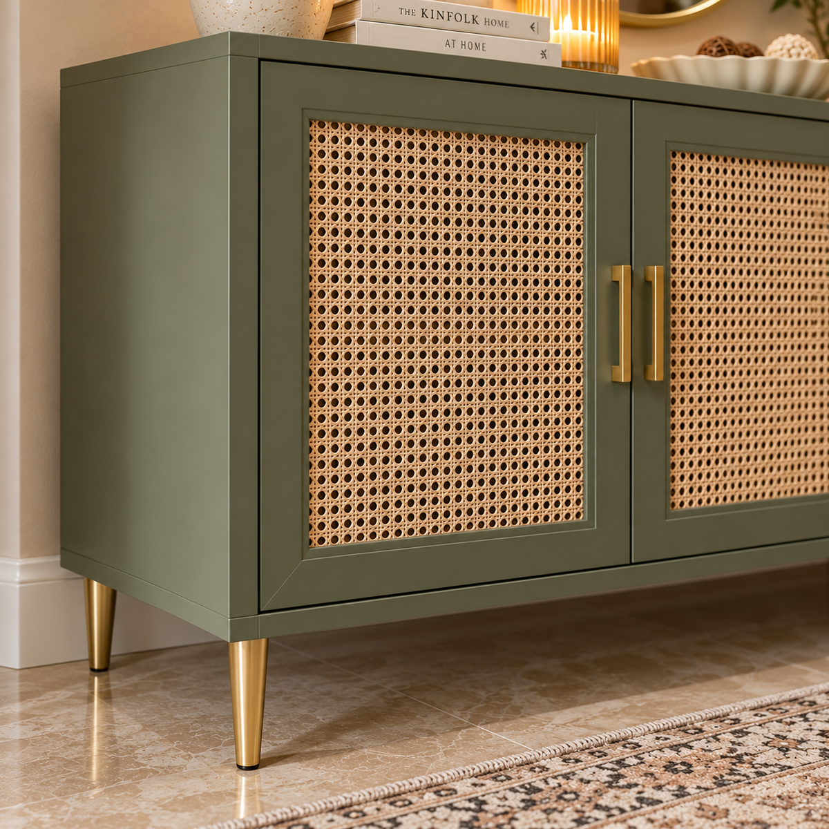 Modern Cane Sideboard Cabinet | Olive Green Storage Console with Rattan Doors & Brass Legs Ouch Cart