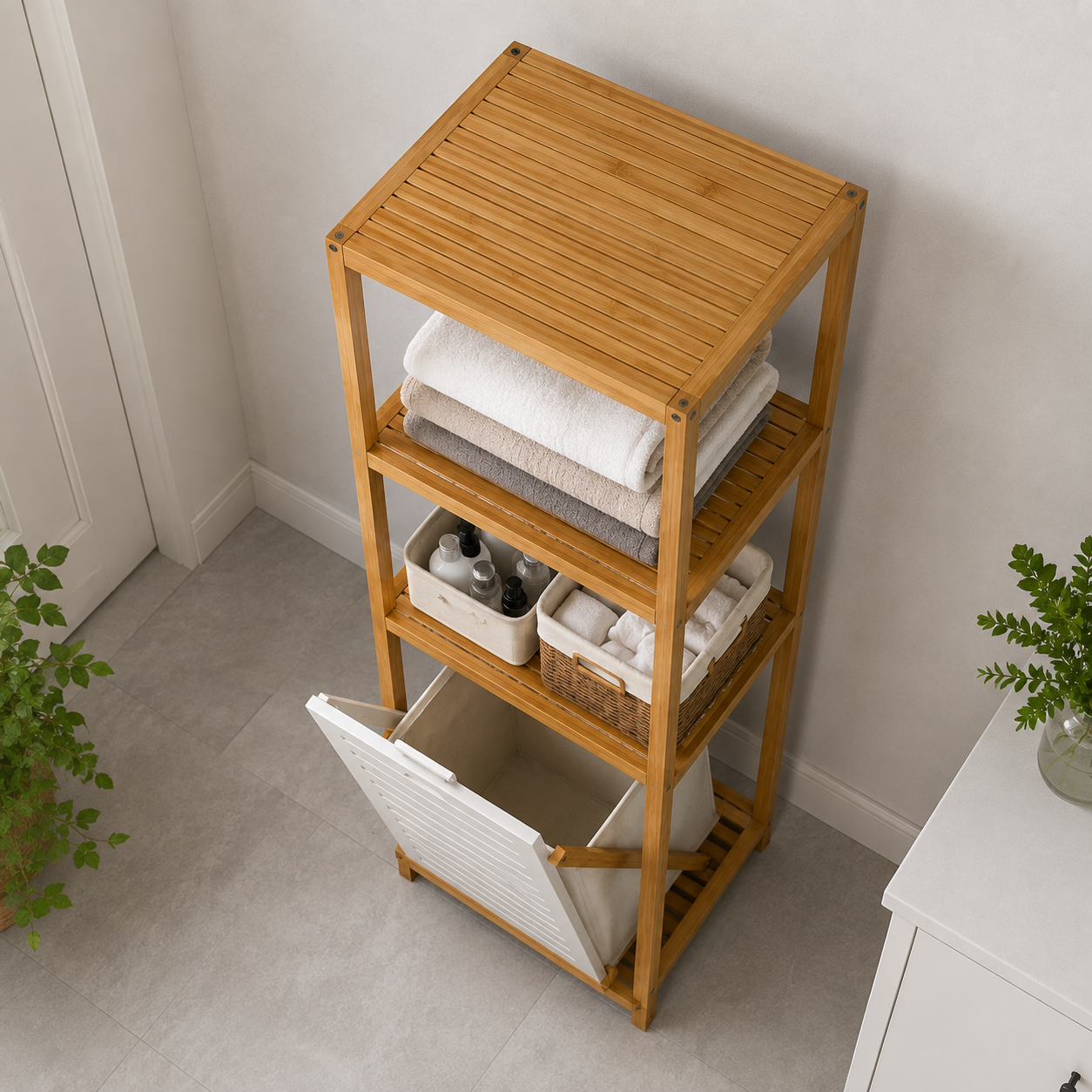 Ouch Cart Bamboo Bathroom Storage Shelf with Laundry Basket OUCH CART