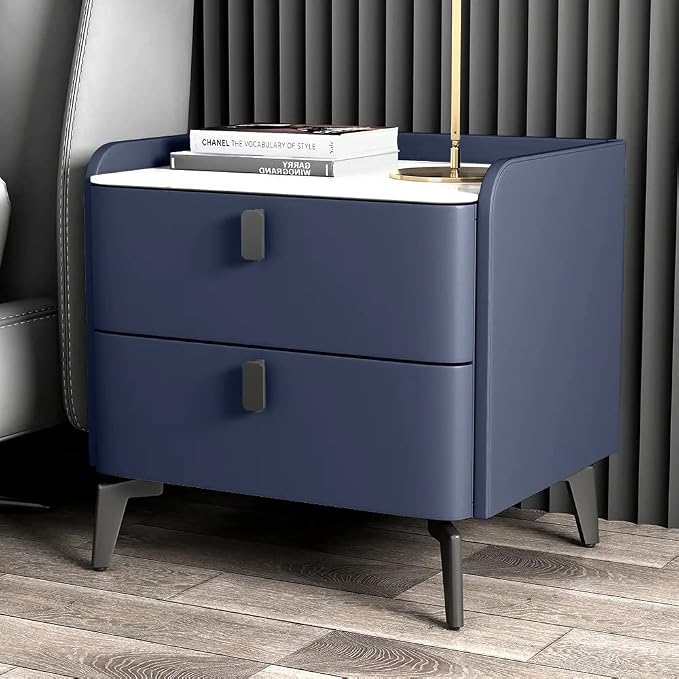 Ouch Cart Modern Blue Bedside Table with 2 Drawers & Marble Top – Top View