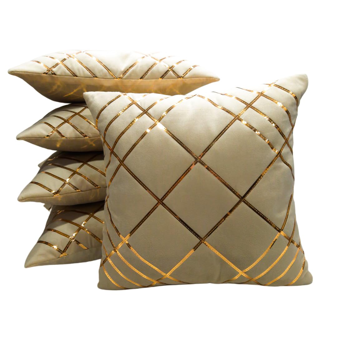 Beige & Gold Checked Velvet Cushion Covers, 16 x 16 Inch, Set of 5 OUCH CART
