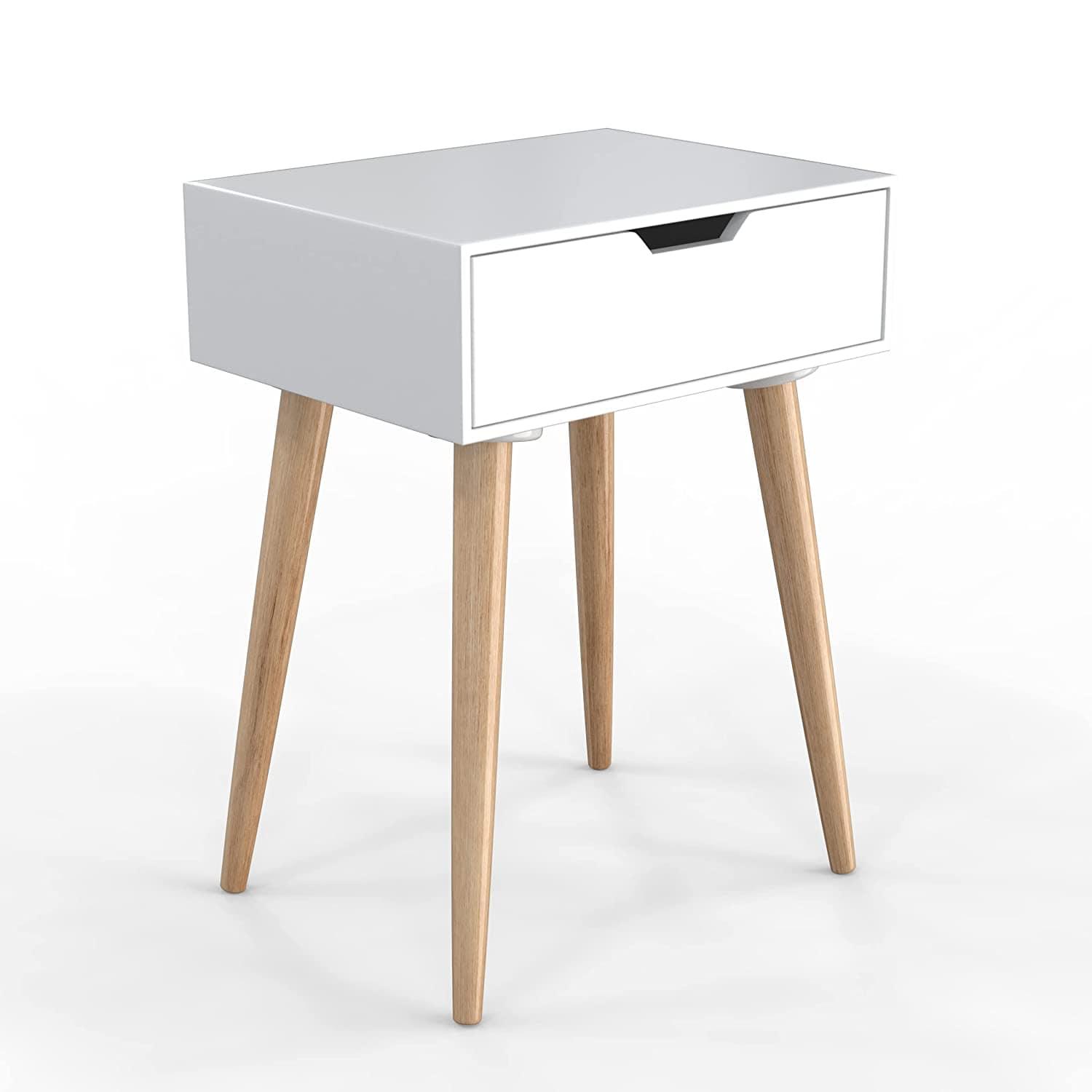 Nightstands End Side Table with Drawer and Solid Wood Legs, Bedside Table for Bedrooms, Mid-Century Modern Drawer Storage Cabinet for Living Room Furniture - Ouch Cart