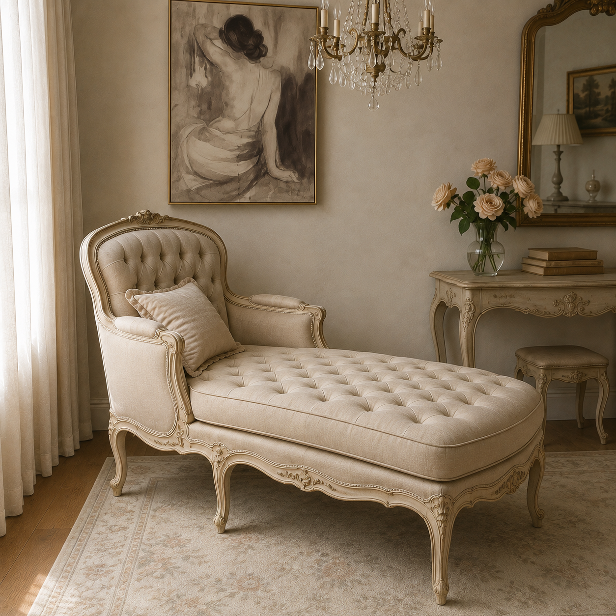 Luxury Tufted Chaise Lounge | Elegant French Style Upholstered Daybed for Bedroom & Living Room