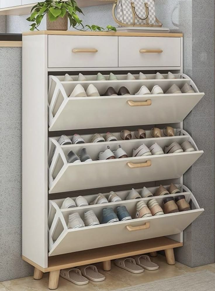 Modern Wooden Shoe Cabinet with Flip Drawers | Space-Saving Entryway Shoe Storage Organizer | Ouch Cart