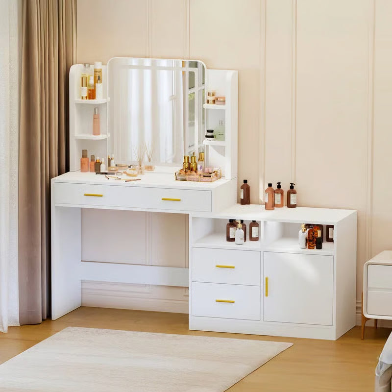 Large 62" White Vanity Table with 22" LED Lighted Mirror, Power Outlet & 4 Storage Drawers-OUCH CART |Dressing table