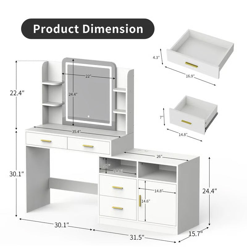 Large 62" White Vanity Table with 22" LED Lighted Mirror, Power Outlet & 4 Storage Drawers – Perfect Bedroom Makeup Desk