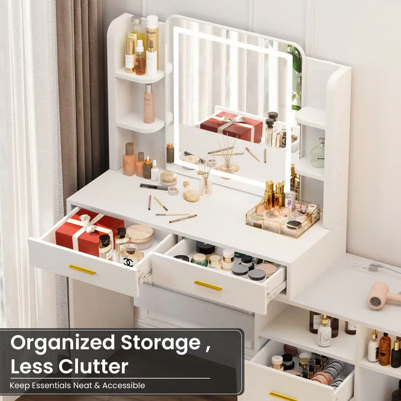 Large 62" White Vanity Table with 22" LED Lighted Mirror, Power Outlet & 4 Storage Drawers – Perfect Bedroom Makeup Desk
