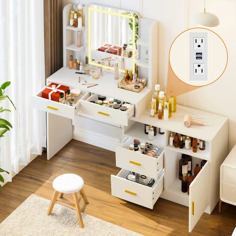 Large 62" White Vanity Table with 22" LED Lighted Mirror, Power Outlet & 4 Storage Drawers-OUCH CART |Dressing table