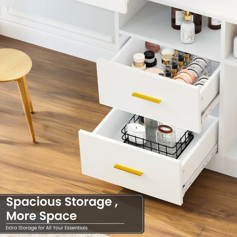 Large 62" White Vanity Table with 22" LED Lighted Mirror, Power Outlet & 4 Storage Drawers – Perfect Bedroom Makeup Desk