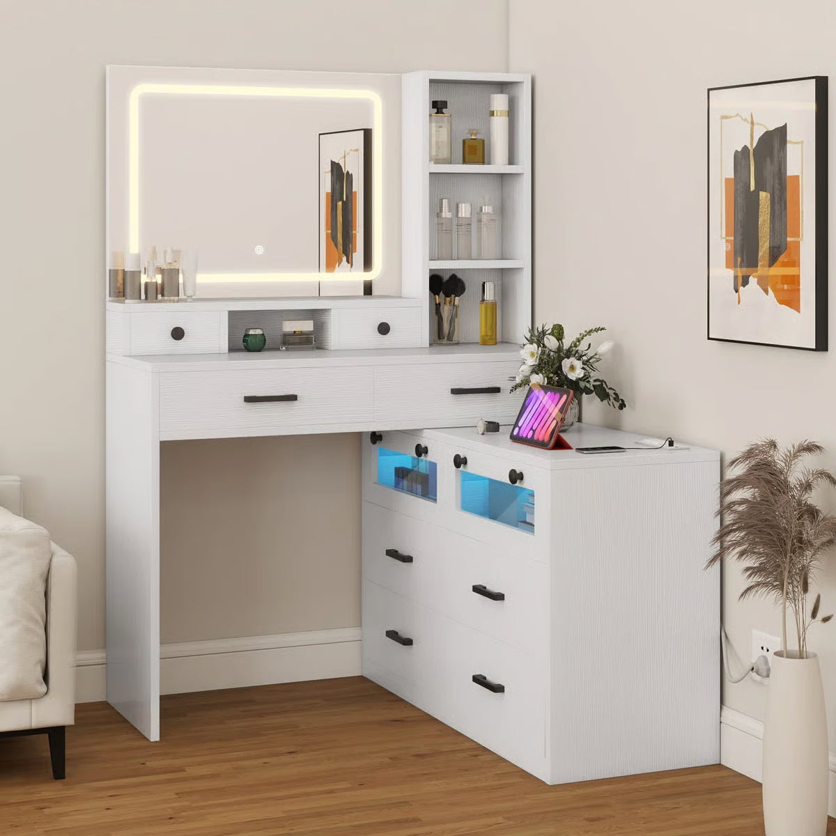 66" Lighted Makeup Vanity Table with LED Mirror, 10 Drawers and RGB Color Lights