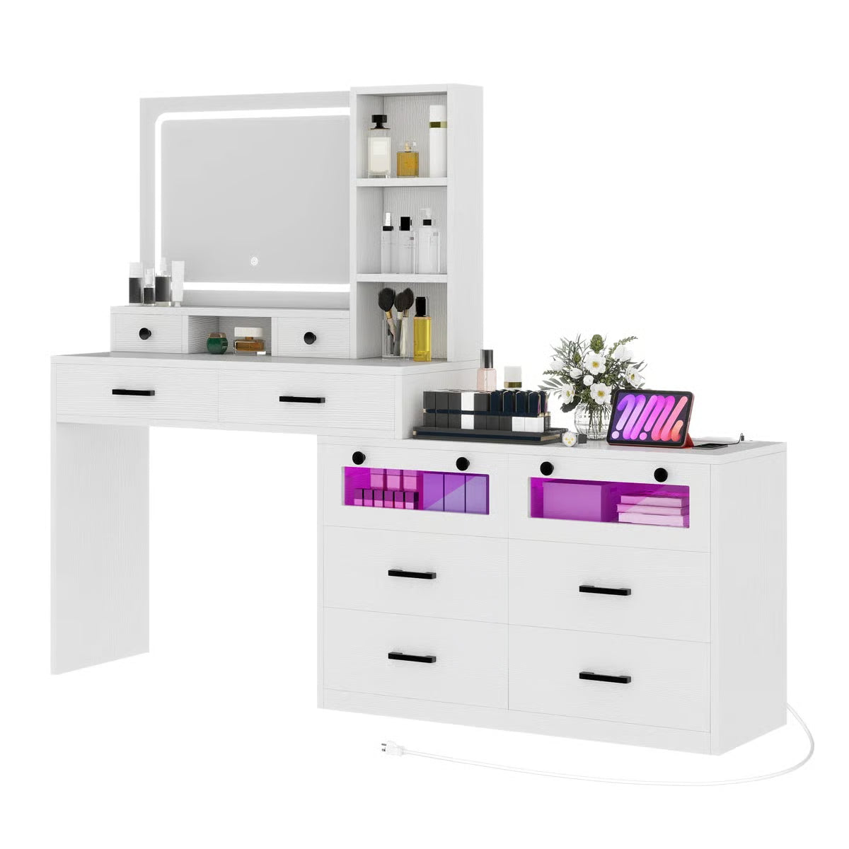 66" Lighted Makeup Vanity Table with LED Mirror, 10 Drawers and RGB Color Lights- OUCH CART | Dressing table