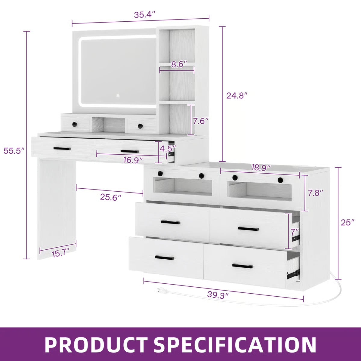 66" Lighted Makeup Vanity Table with LED Mirror, 10 Drawers and RGB Color Lights