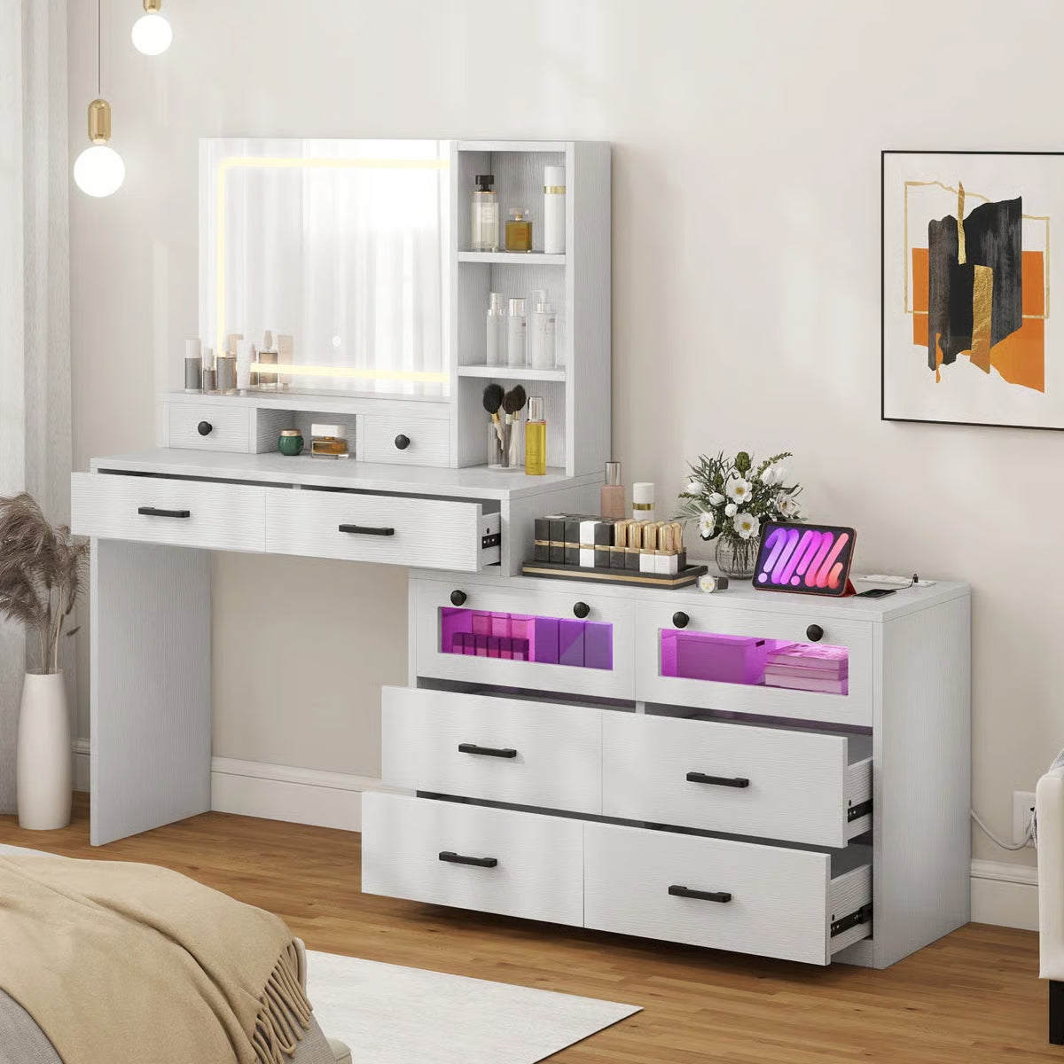 66" Lighted Makeup Vanity Table with LED Mirror, 10 Drawers and RGB Color Lights
