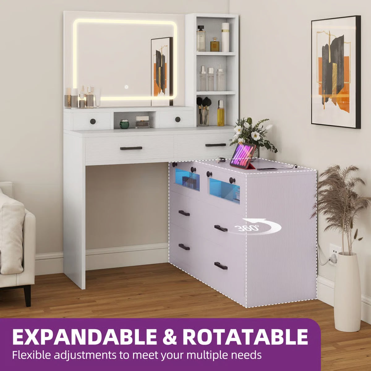 66" Lighted Makeup Vanity Table with LED Mirror, 10 Drawers and RGB Color Lights- OUCH CART | Dressing table