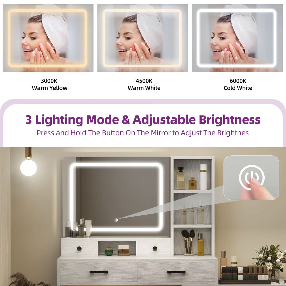 66" Lighted Makeup Vanity Table with LED Mirror, 10 Drawers and RGB Color Lights