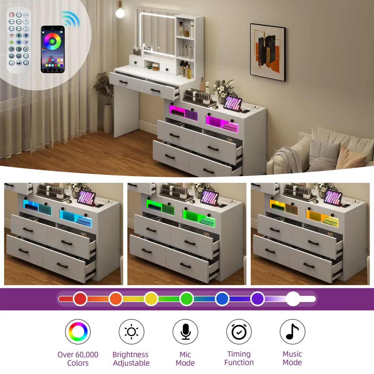 66" Lighted Makeup Vanity Table with LED Mirror, 10 Drawers and RGB Color Lights- OUCH CART | Dressing table