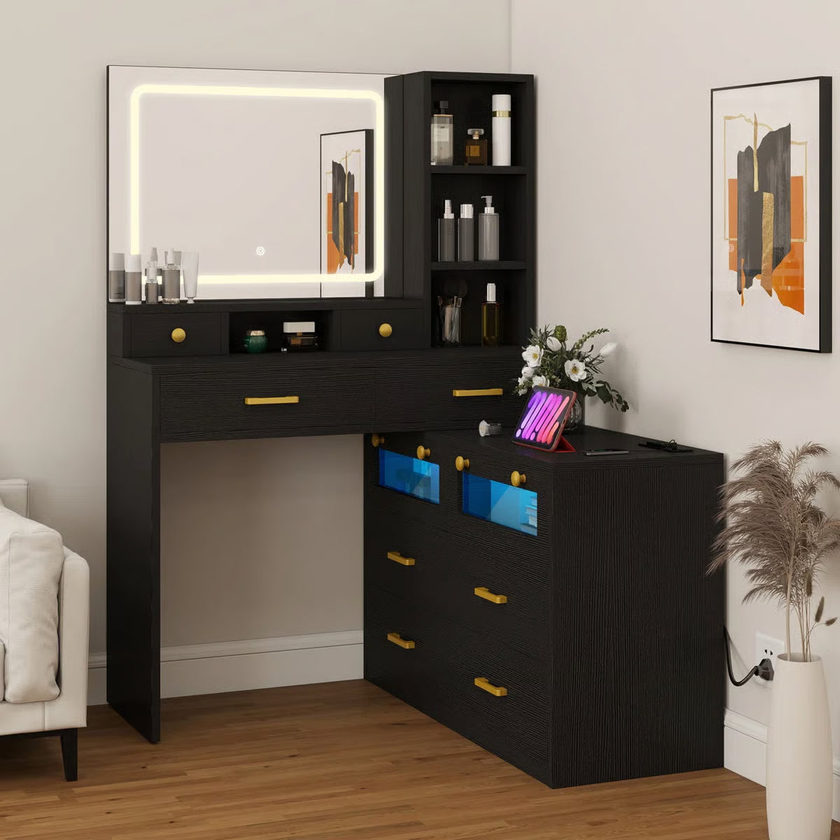 66" Lighted Makeup Vanity Table with LED Mirror, 10 Drawers and RGB Color Lights- OUCH CART | Dressing table