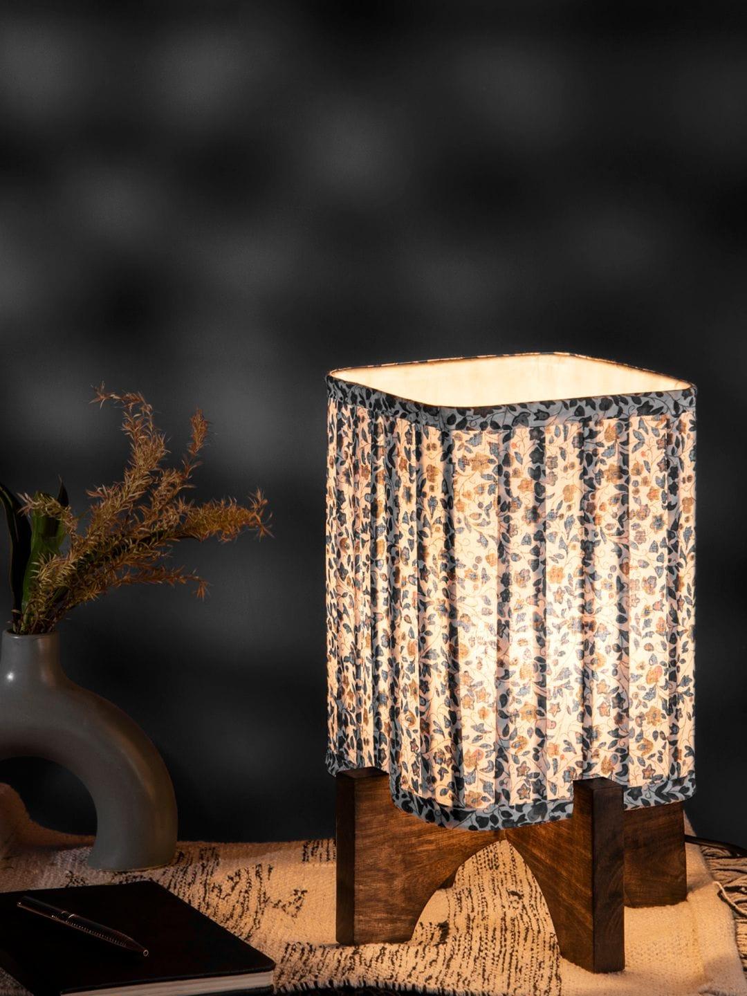 Wooden Brown Base Lamp with pleeted Blue Tinyleaves Soft Shade - Ouch Cart