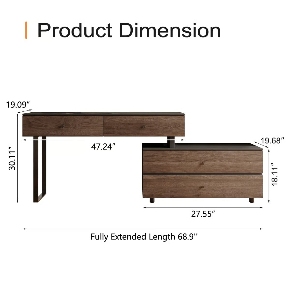 68.9‘’ Extended Desk Makeup Vanity Table With 4 Storage Drawers-OUCH CART | Dressing table