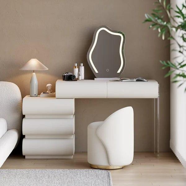 Lukas Modern White Makeup Vanity Set PU Leather Dressing Table with Stool & LED Mirror, Makeup Table with Drawers and Soft Cushioned Stool for Home and Bedroom, Dressing Vanity for Makeup - Ouch Cart