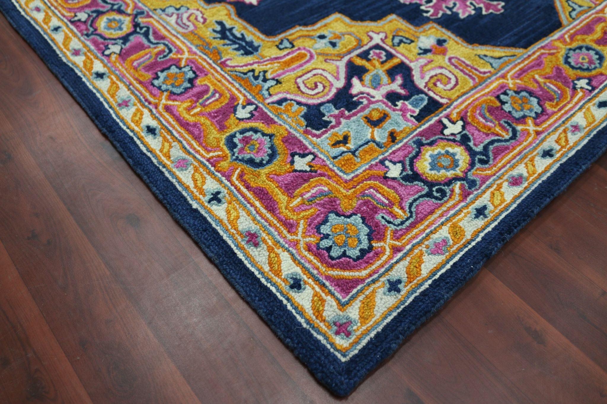 Navy Wool Boho 5x8 Feet Hand-Tufted Carpet - Rug - Ouch Cart