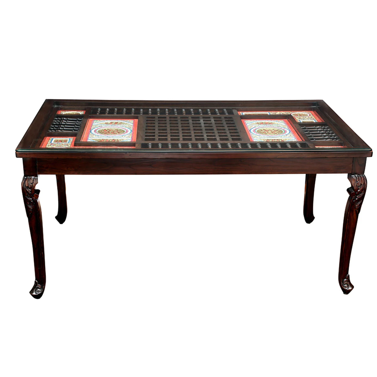 6 Seater Wooden Dining Table Set with Chairs | Solid Wood Dining Table with Glass Top & Upholstered Chairs