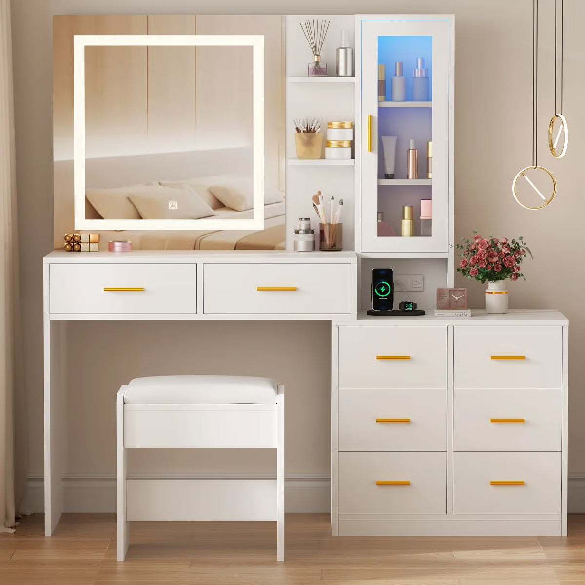 Adriel 51.8" Modern Makeup Vanity with Mirror, LED Lights, and RGB Cabinet Storage